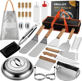 Grilljoy Griddle Accessories Set With Robust Plastic Handle, All-in-One Griddle Tools Kit For Flat Top Grills Teppanyaki Hibachi, Stainless Steel