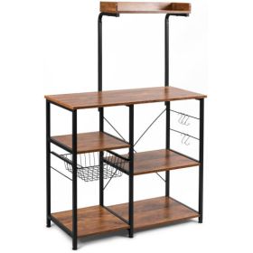 4-tier Kitchen Baker's Rack with Basket and 5 Hooks-Dark Brown