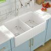 33 Inch White Farmhouse Apron Front Ceramic Kitchen Sink Double Bowl with Bottom Grid