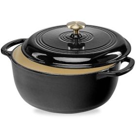 6 Quart Large Enamel Cast-Iron Dutch Oven Kitchen Cookware (Color: Black)