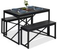 Modern 3-Piece Dining Set - Metal Frame  Wood Top Table and 2 Bench Chairs