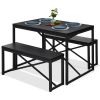 Modern 3-Piece Dining Set - Metal Frame  Wood Top Table and 2 Bench Chairs