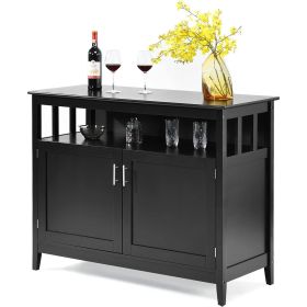 Wood 2-Door Dining Buffet Sideboard Cabinet with Open Storage Shelf (Color: Black)