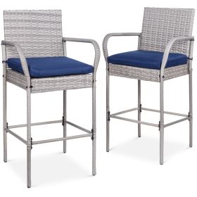Set of 2  Indoor/Outdoor Wicker Bar Stools w/ 2 Blue Cushions (Color: Grey)