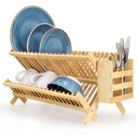 MegaChef 2-Tier Collapsible Kitchen Bamboo Drying Dish Rack (Option: with utensils holder)