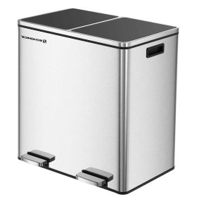 Dual Stainless Steel 16-Gallon Trash Can Recycle Bin with 2 Step on Pedal Lids (size: 16 Gallon)
