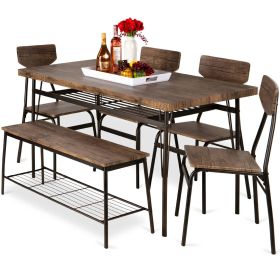 Modern 6-Piece Dining Set with  Wood Top Table 4 Chairs and Storage Bench (Color: Brown)