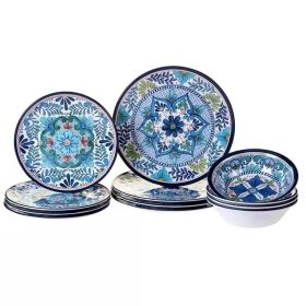 12-Piece Melamine Dinnerware Plates Bowls Set with Blue  Pattern (Color: Blue Floral)