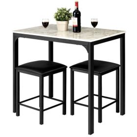 Modern 3-Piece Dining Set  Faux Marble Table-Top and 2 Black Chairs Stools (Color: White)
