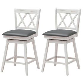 Set of 2  Wood 24-in Counter Height Farmhouse Swivel Cushion Seat Barstools (Color: White)